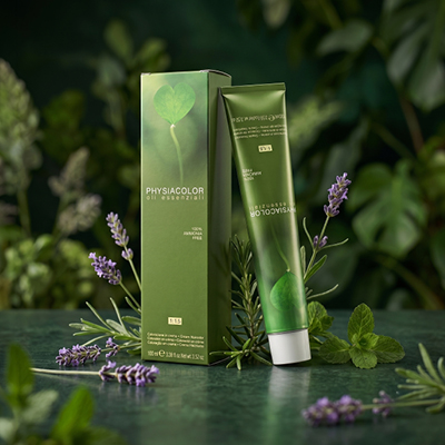 immagine del tubo physiacolor su sfondo verde e delle foglie