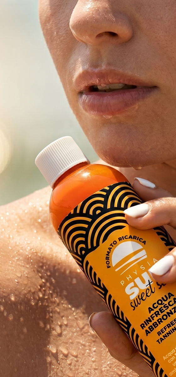 Immagine di una ragazza in riva al mare che tiene in mano l'acqua rinfrescante