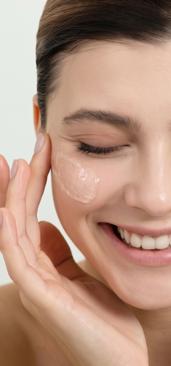 Immagine di una ragazza che sorride, molto naturale, con due linee di tonico sulle guance